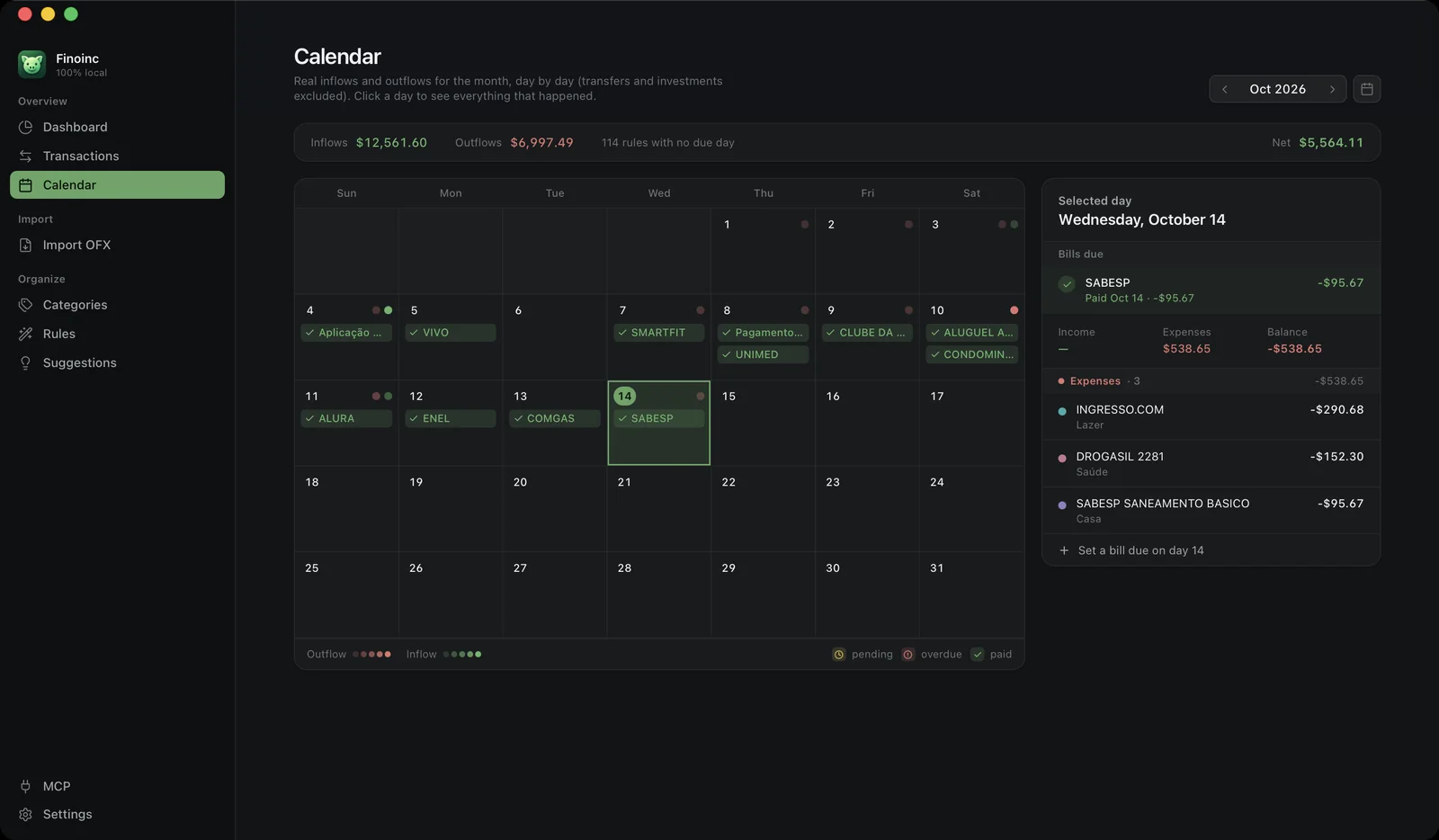 The bills calendar with paid, pending and overdue bills
