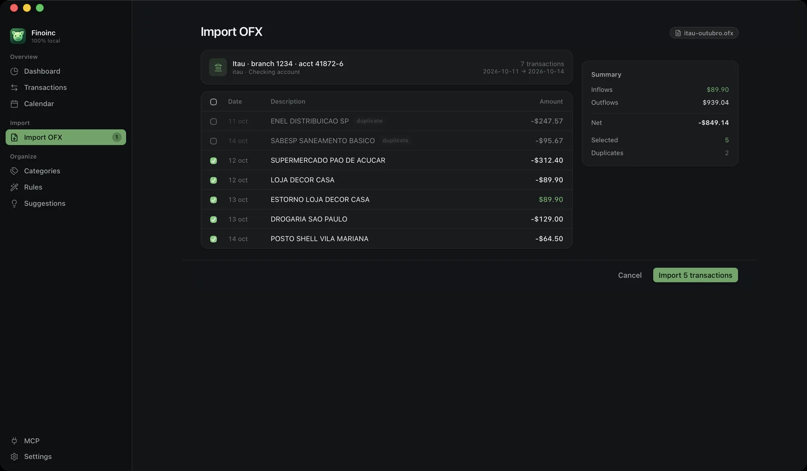 The import review, with duplicate rows flagged and a refund paired with its charge