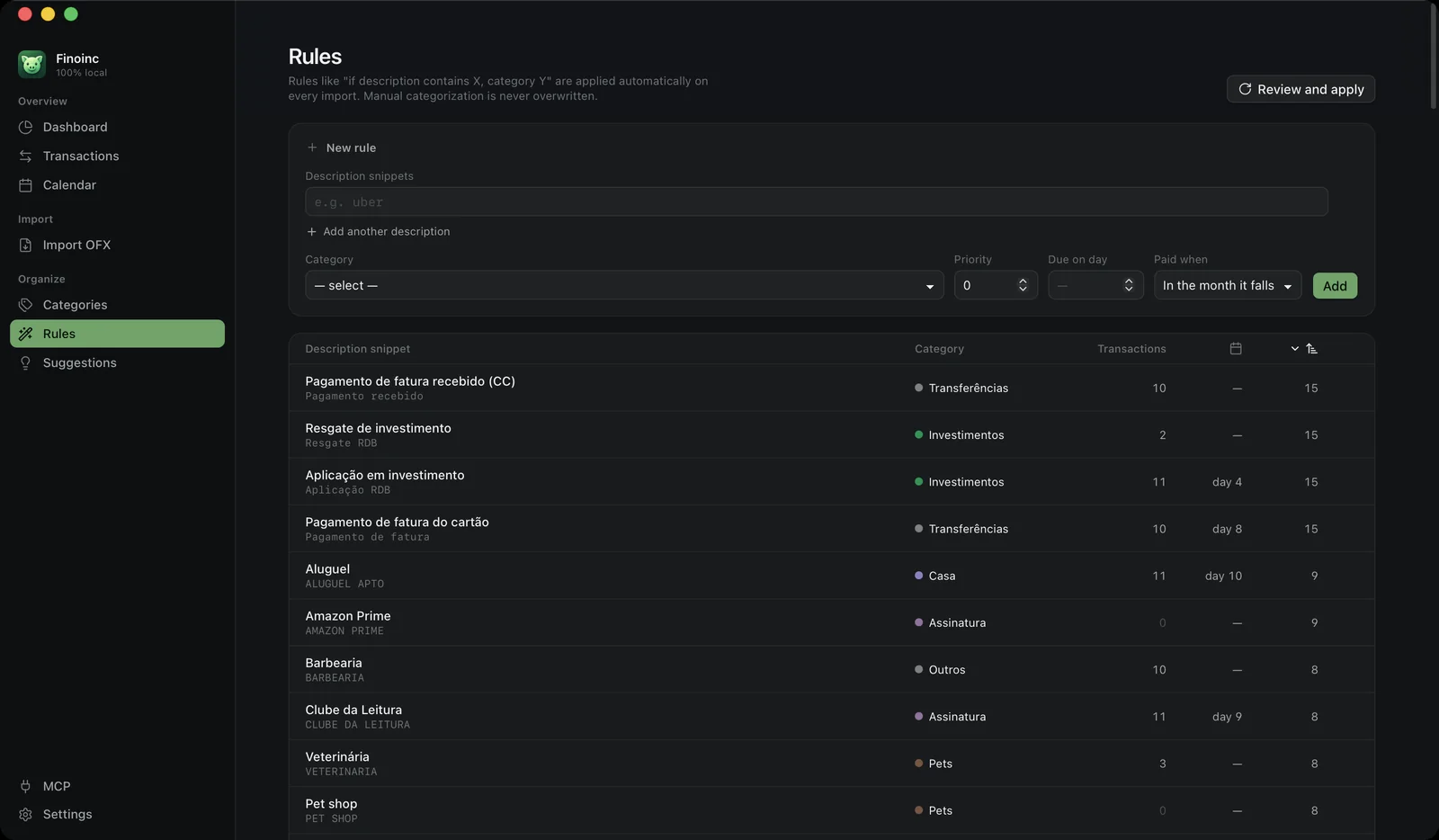 The rules list, each rule matching description snippets to a category