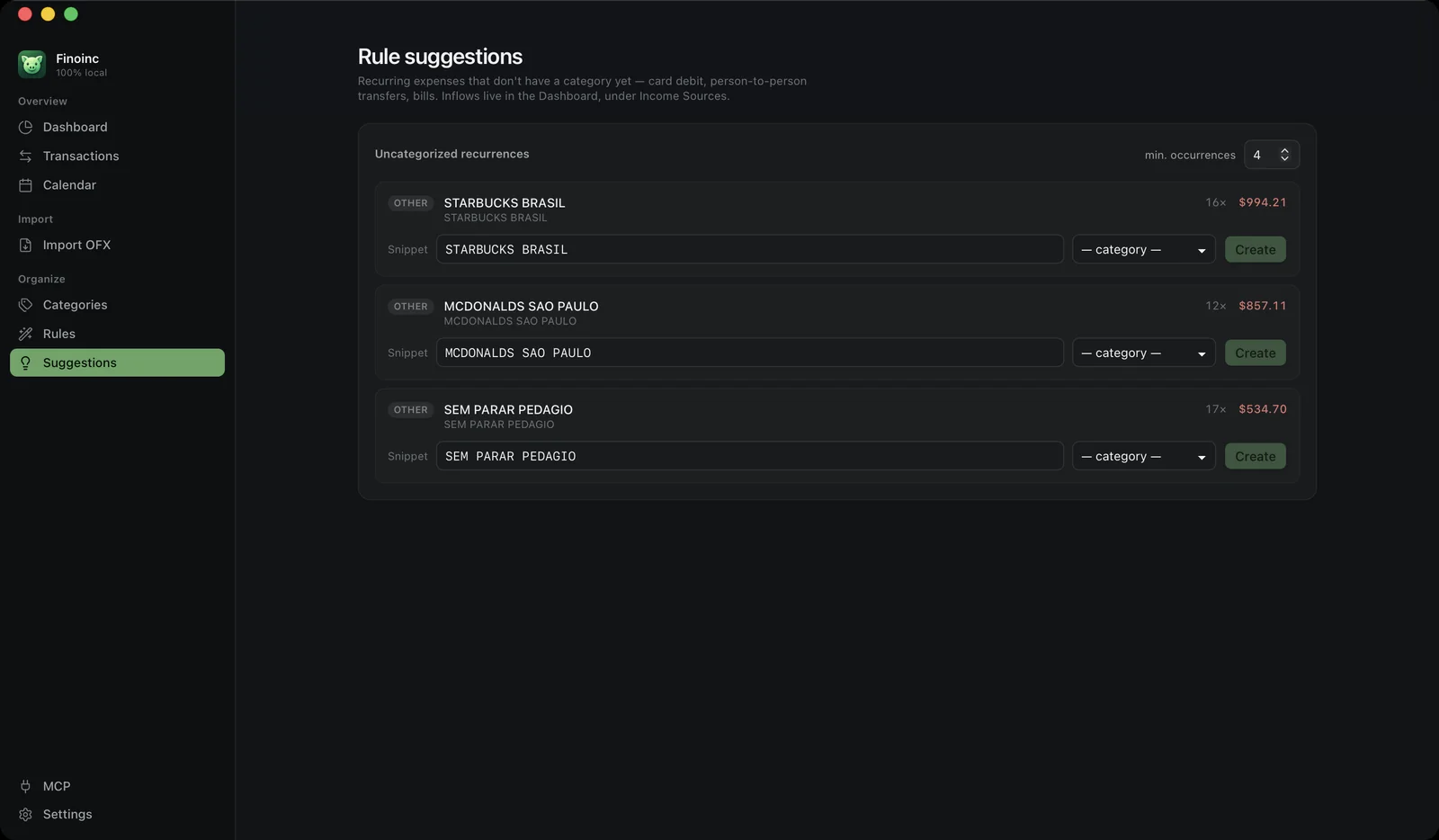 Suggested rules for recurring uncategorized charges