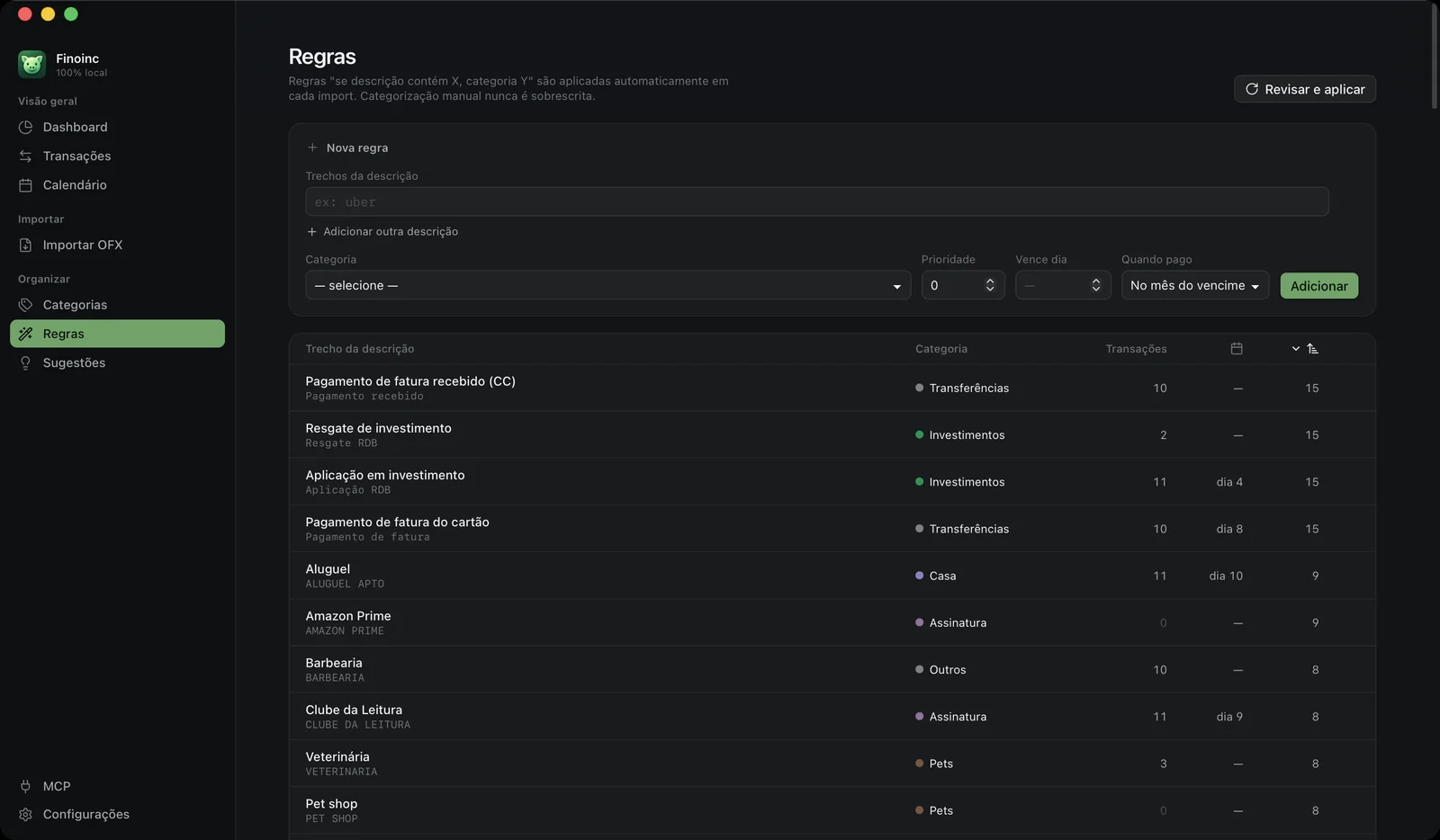 A lista de regras, cada uma ligando trechos da descrição a uma categoria
