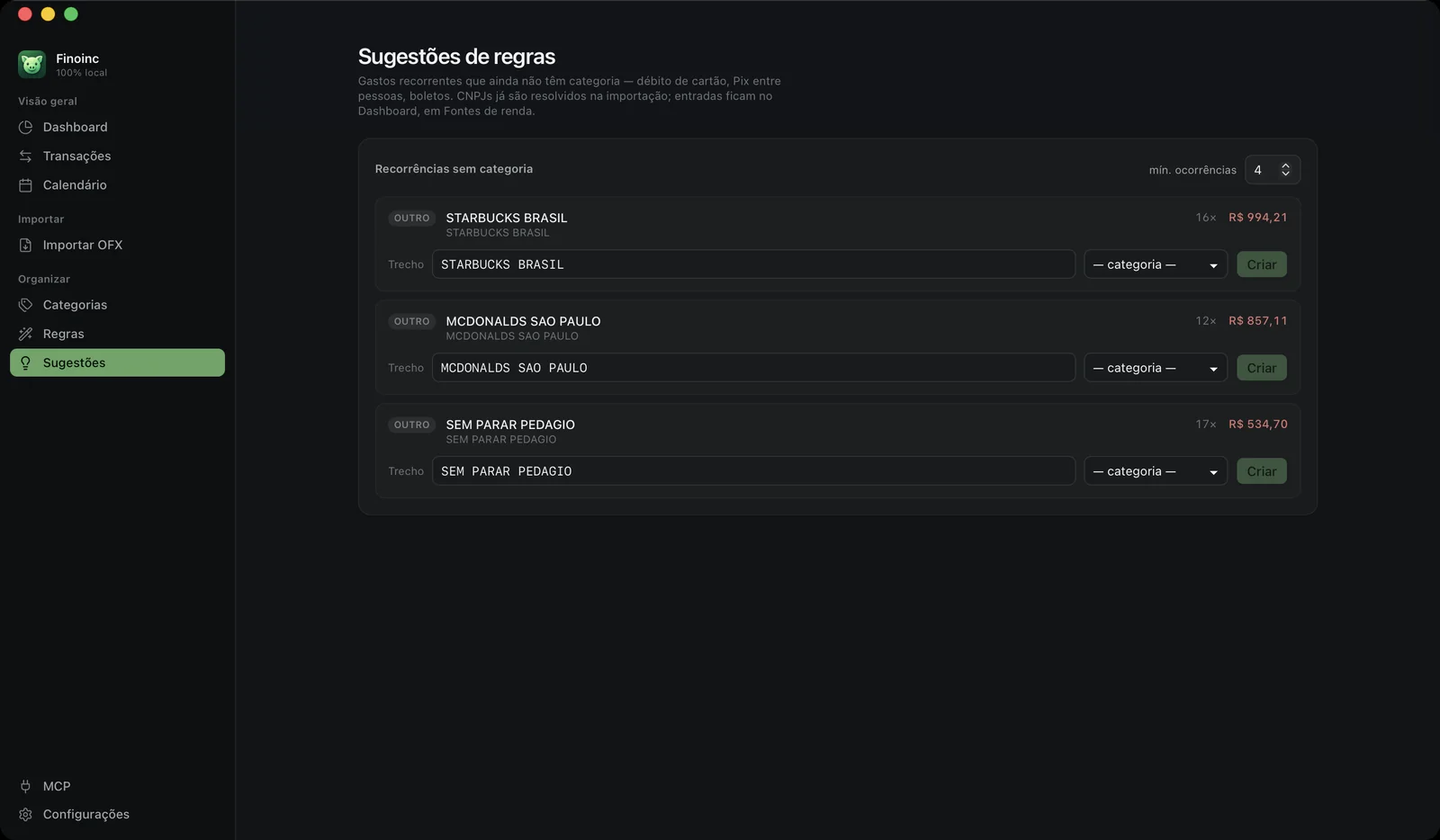 Sugestões de regra para gastos recorrentes sem categoria
